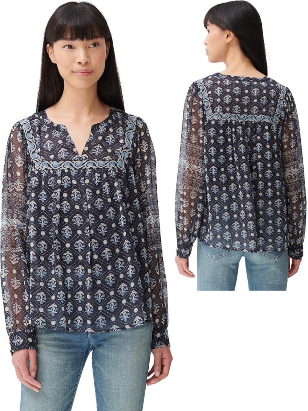 NWT New $89 Lucky Brand Long Sleeves Notch Neck Border Print Blouse Size L